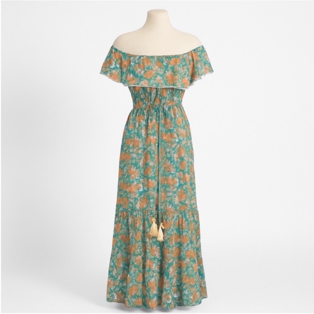 Miss June Boho Maxi Dress Floral Tiered Off Shoulder Teal Green Coral One Size